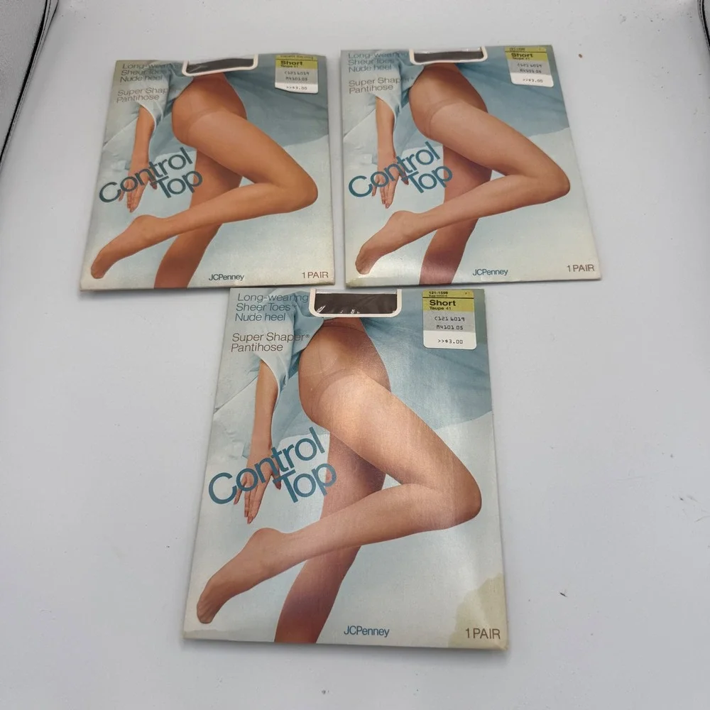 3PK Vintage JCPenney Super Shaper Control Top Pantyhose Taupe 41 Size Short USA